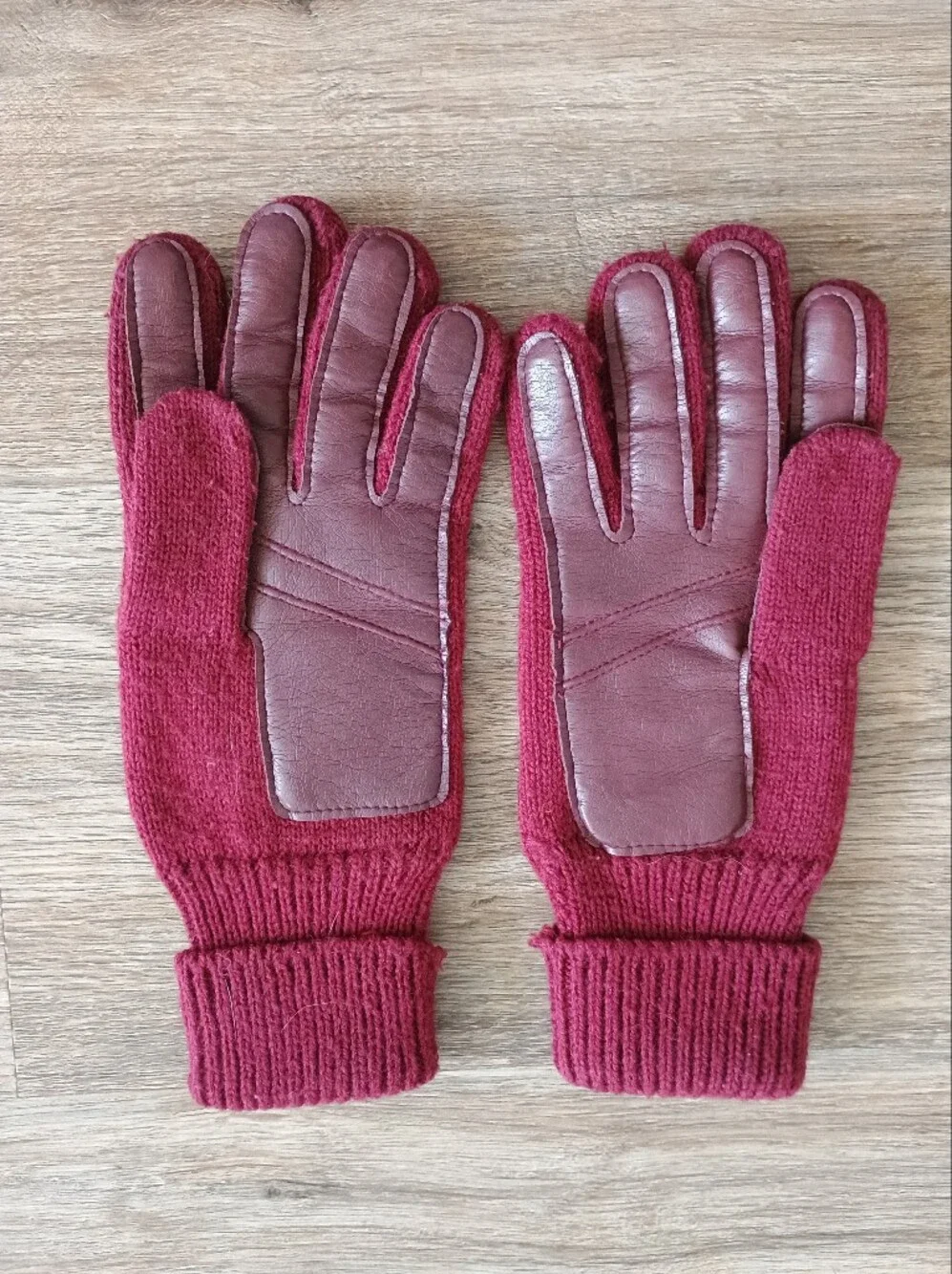 Coach Burgundy Leather & Knit Gloves with Gold Accent
